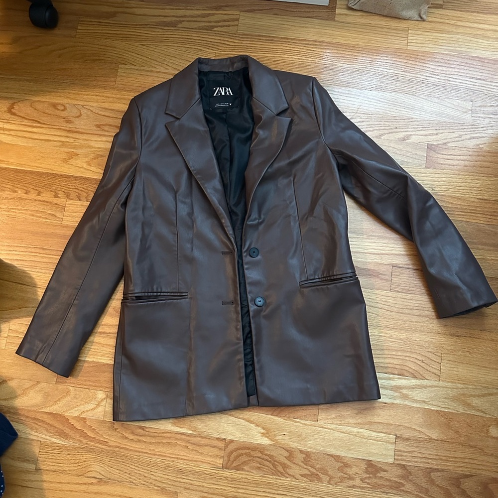 brown zara leather blazer